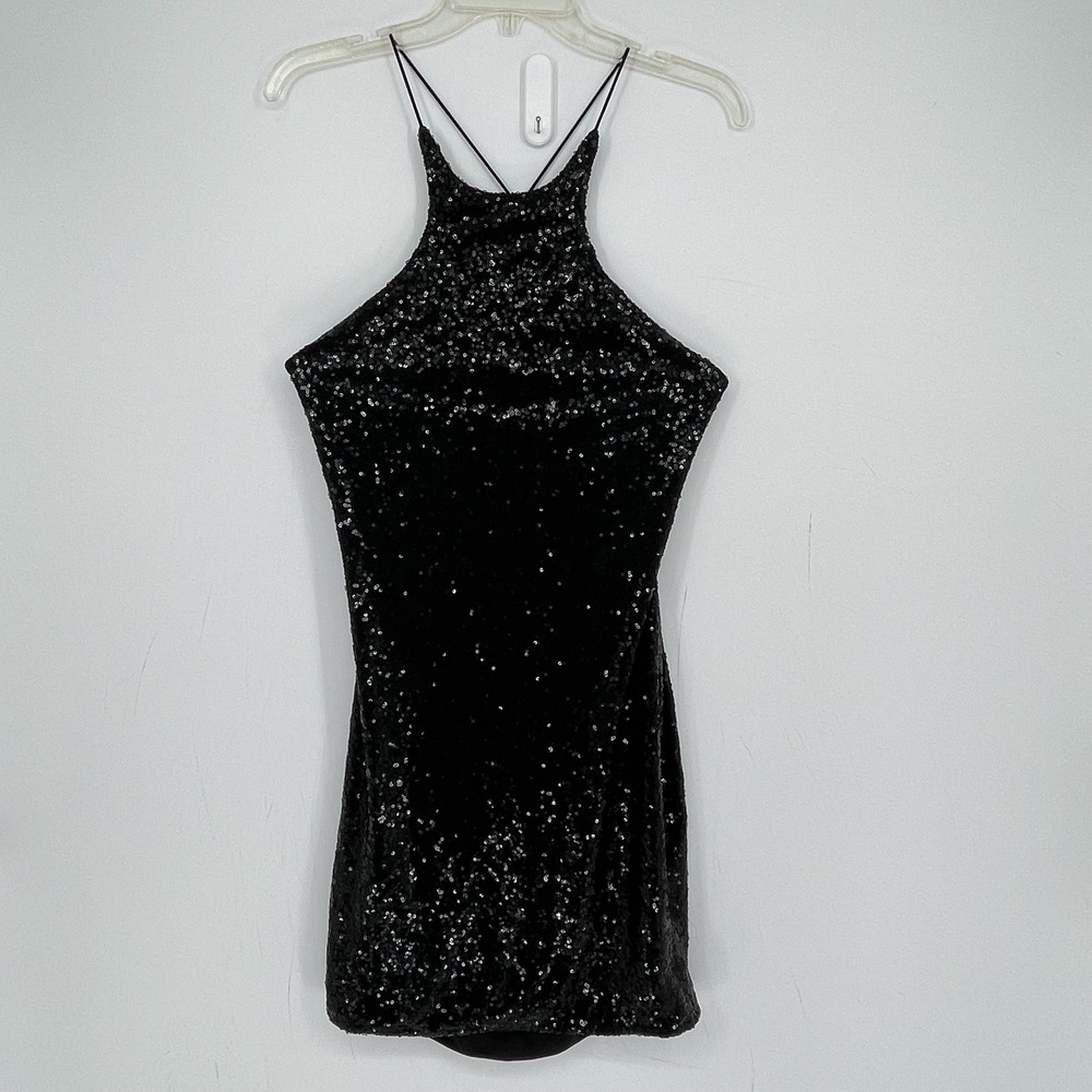 Women's Black Sequin Backless Stretch Halter Formal Cocktail Mini Dress Size XL
